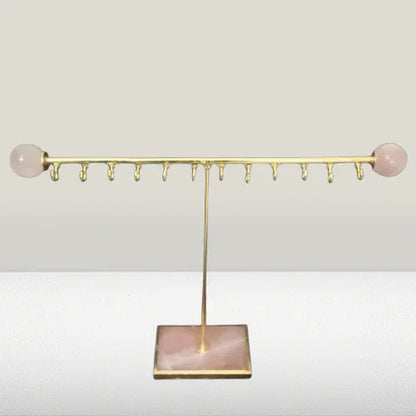 Gold-Plated Jewellery Stand with Natural Rose Quartz Base | Handcrafted Luxury Organizer