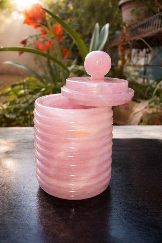 Handcrafted Rose Quartz Mughal Ring Jar with Lid – Natural Gemstone Jewellery Storage Box for Luxury Gifting