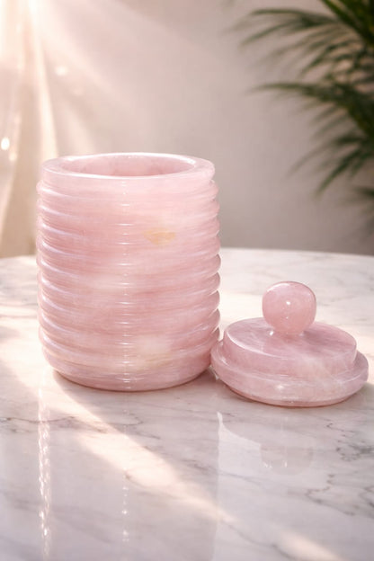 Handcrafted Rose Quartz Mughal Ring Jar with Lid – Natural Gemstone Jewellery Storage Box for Luxury Gifting