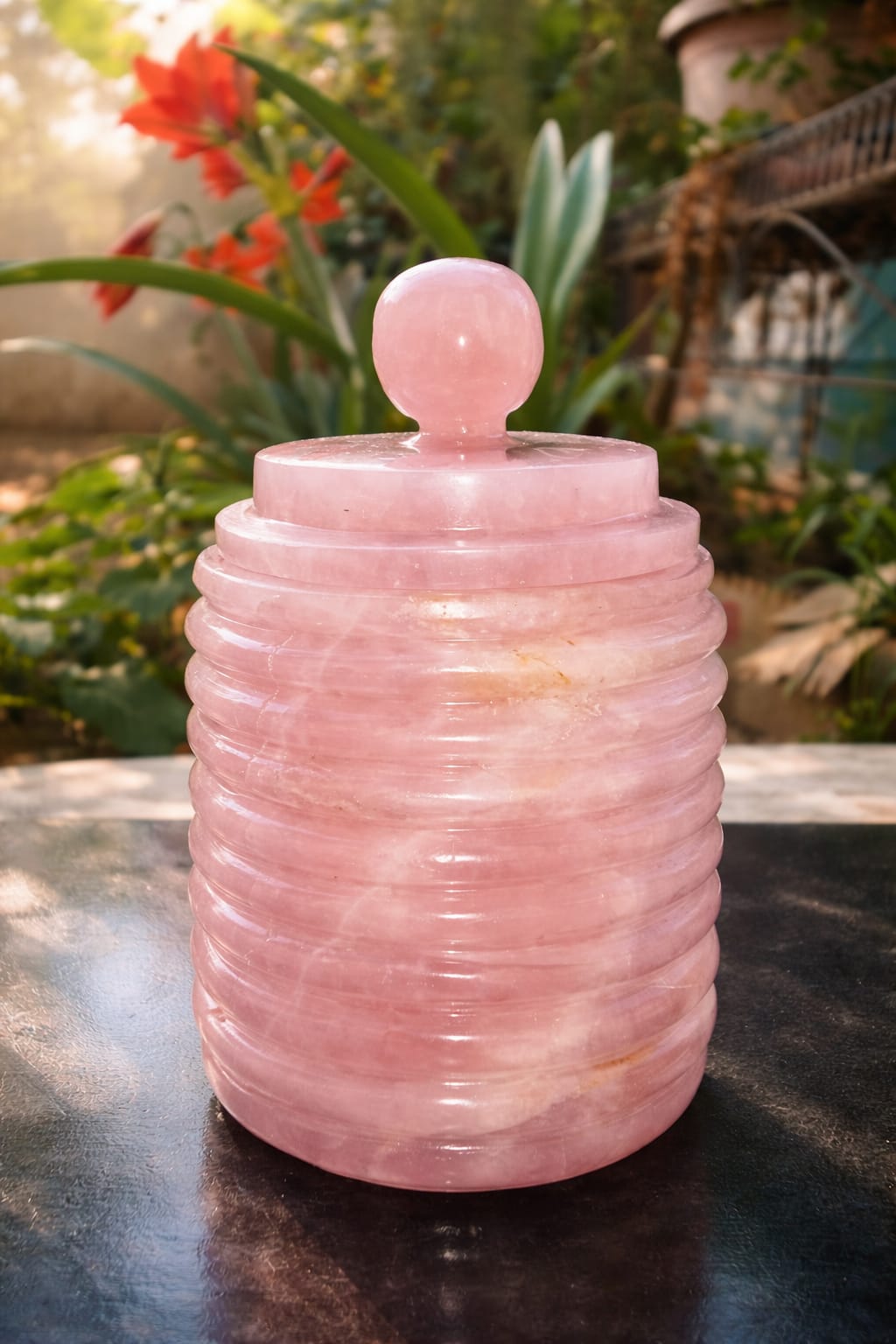 Handcrafted Rose Quartz Mughal Ring Jar with Lid – Natural Gemstone Jewellery Storage Box for Luxury Gifting