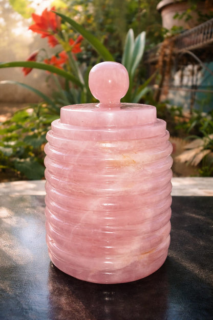 Handcrafted Rose Quartz Mughal Ring Jar with Lid – Natural Gemstone Jewellery Storage Box for Luxury Gifting