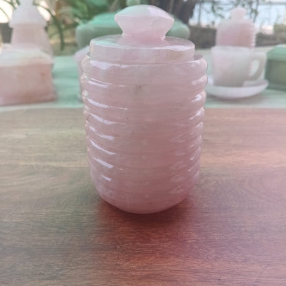 Handcrafted Rose Quartz Mughal Ring Jar with Lid – Natural Gemstone Jewellery Storage Box for Luxury Gifting - ART AKASHA STUDIO