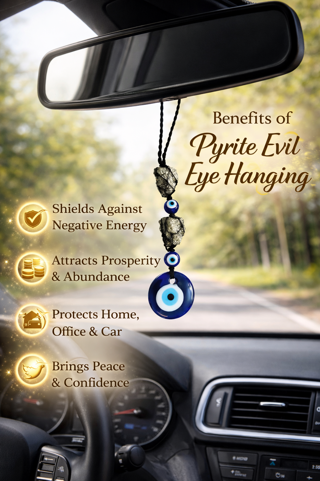 Pyrite Evil Eye Hanging Charm – Raw Pyrite Protection Wall Decor | Key Holder & Car Hanging - ART AKASHA STUDIO