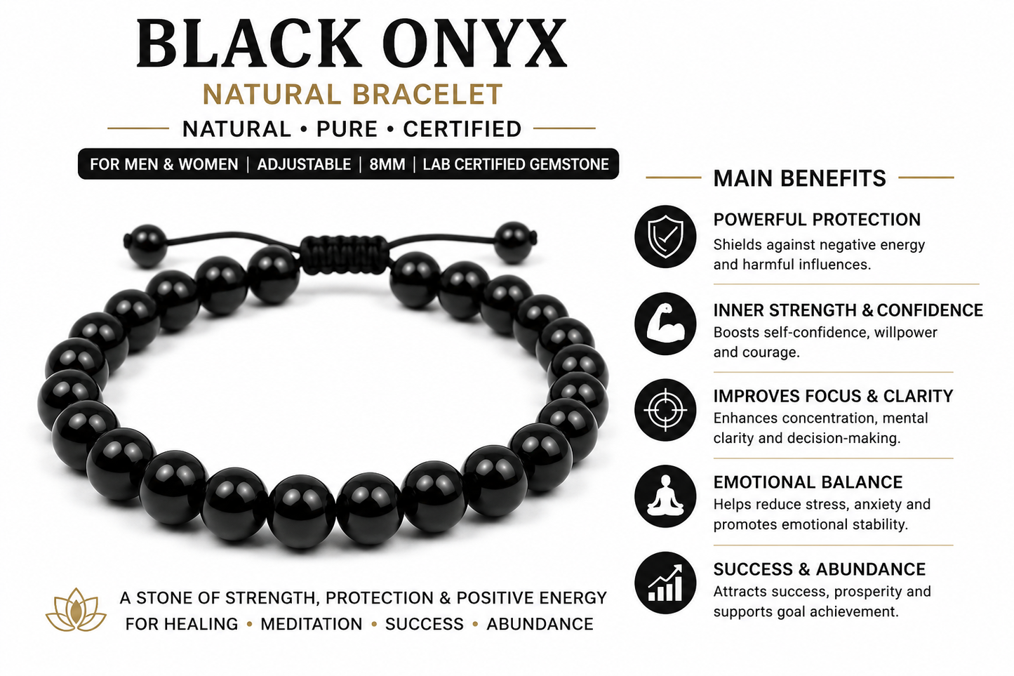 Natural Black Onyx Bracelet | Certified 8mm Adjustable Gemstone Bracelet for Men & Women | Healing, Protection, Success & Abundance