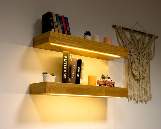 Sahajhast Floating Wall Shelves with LED Lights – 24" Lighted Display Floating Shelf | Wall Mounted Shelf | Modern Floating Style (set of 2) - ART AKASHA STUDIO