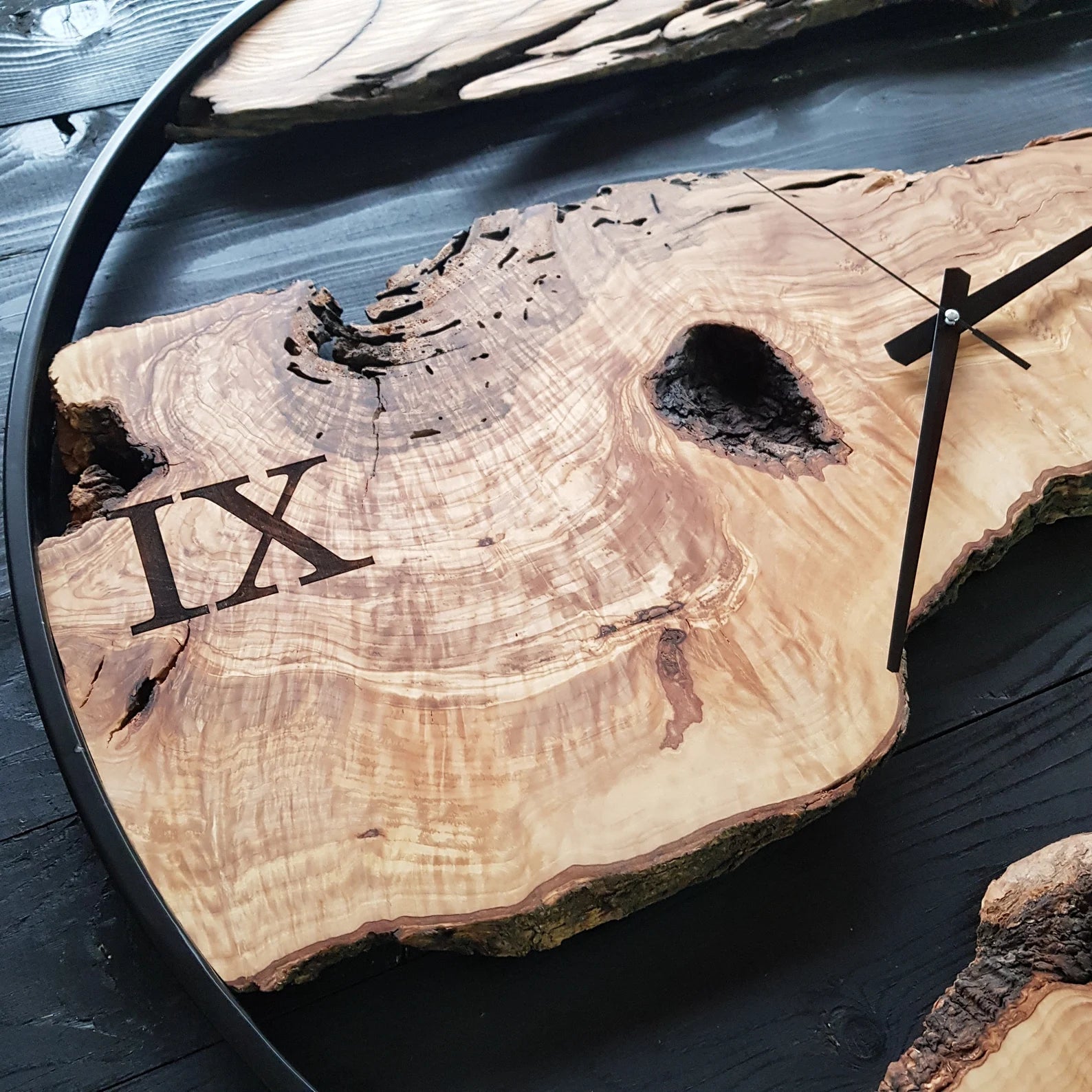 Sahaj Hast Olive Wood Wall Clock – Silent Movement, Live Edge Farmhouse Style | Handmade Wooden Wall Art - ART AKASHA STUDIO