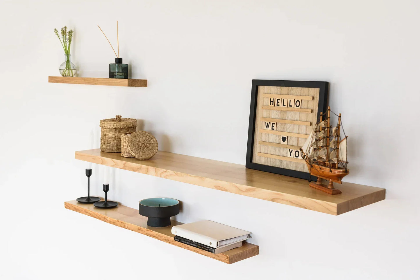 Floating Solid Wood Wall Shelf – Handcrafted Wooden Shelf for Modern Home Décor (1 Piece)