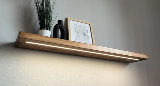 Elegant Pine Wall Shelves with LED Lights – Adjustable Brightness & Color | Handcrafted in Solid Pine Wood - ART AKASHA STUDIO