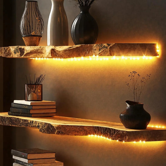 SahajHast Live Edge Wall Shelves with Integrated LED Lighting – Rustic Wood Shelf for Ambient Decor & Cozy Spaces - ART AKASHA STUDIO