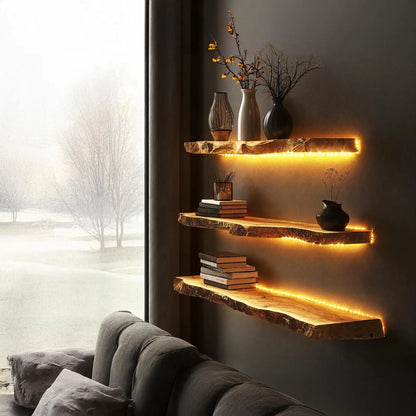 SahajHast Live Edge Wall Shelves with Integrated LED Lighting – Rustic Wood Shelf for Ambient Decor & Cozy Spaces - ART AKASHA STUDIO