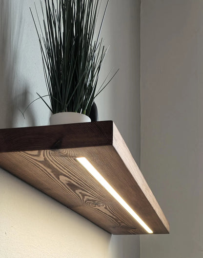 Elegant Pine Wall Shelves with LED Lights – Adjustable Brightness & Color | Handcrafted in Solid Pine Wood - ART AKASHA STUDIO