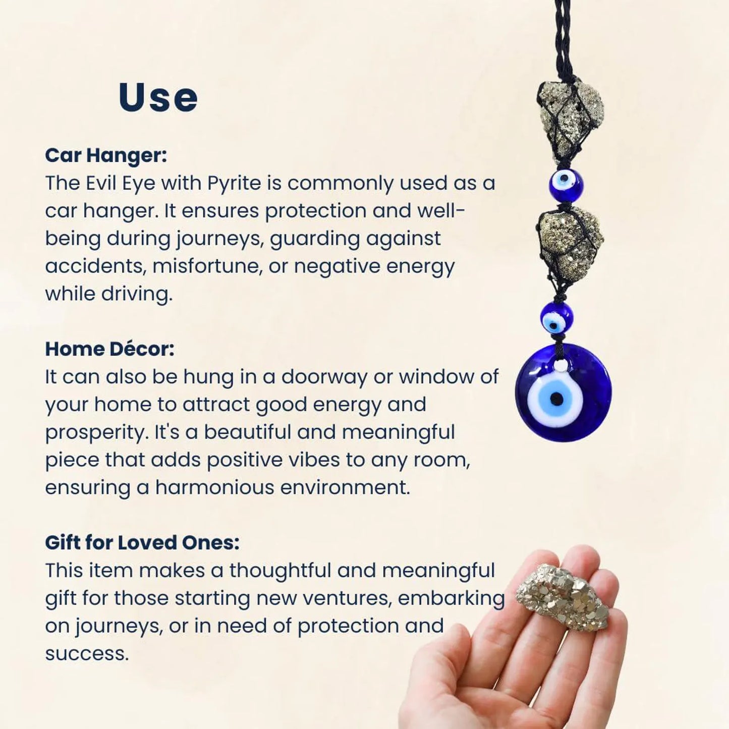 Pyrite Evil Eye Hanging Charm – Raw Pyrite Protection Wall Decor | Key Holder & Car Hanging - ART AKASHA STUDIO