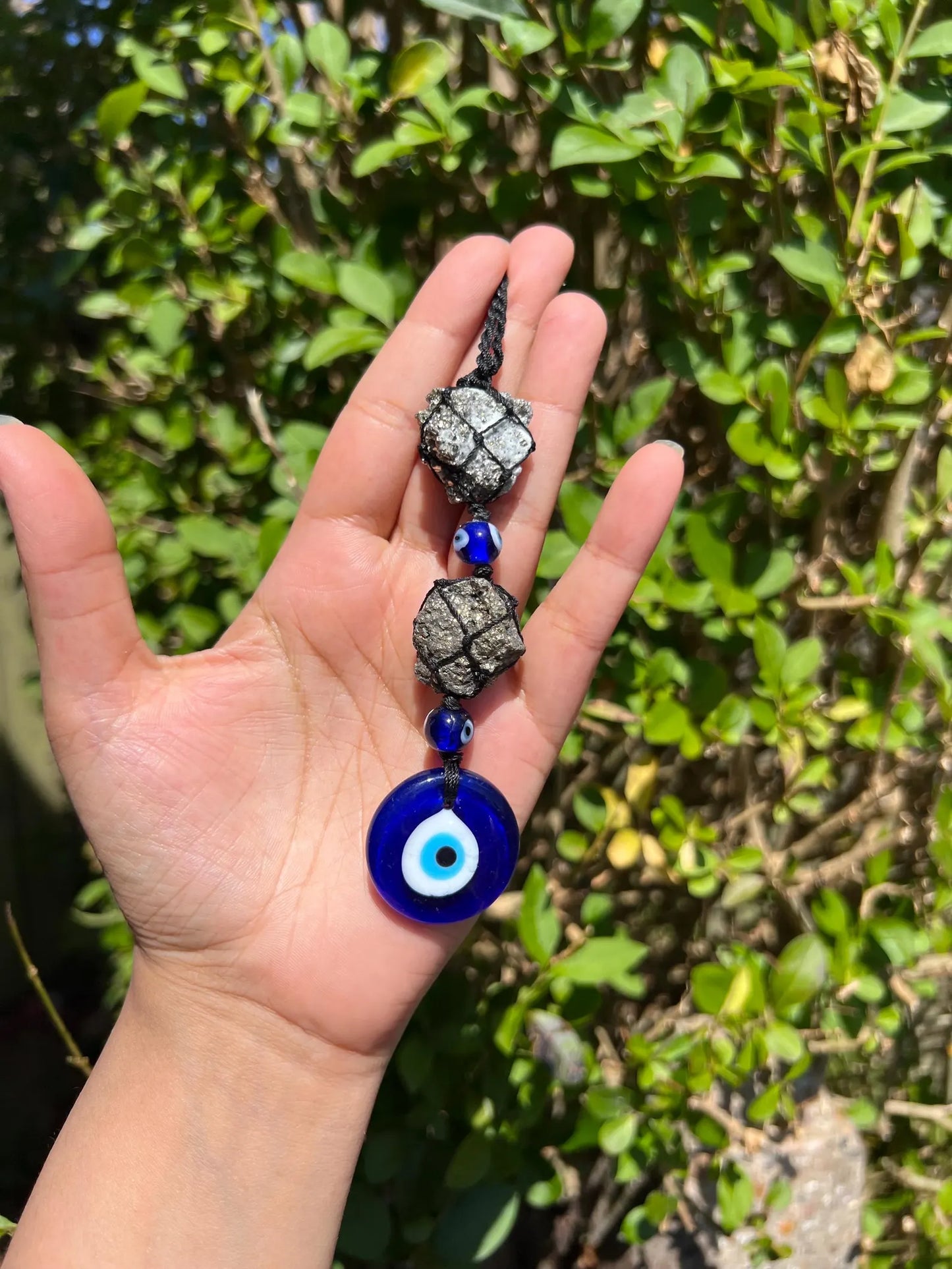Pyrite Evil Eye Hanging Charm – Raw Pyrite Protection Wall Decor | Key Holder & Car Hanging - ART AKASHA STUDIO