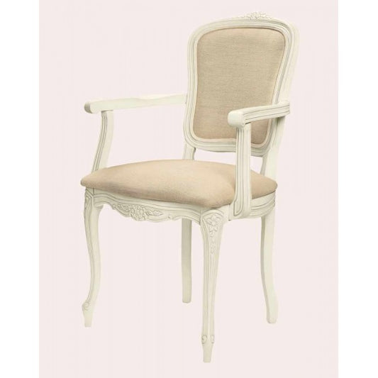 Sahaj Hast Stylish Carver Chair with Neutral Linen Upholstery – Rococo Design