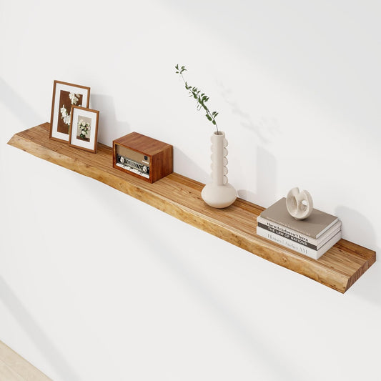 Live Edge Rustic Solid Elm Wood Floating 1 piece Shelves – Wall Mounted with Invisible Bracket | Natural Finish by Sahaj Hast - ART AKASHA STUDIO