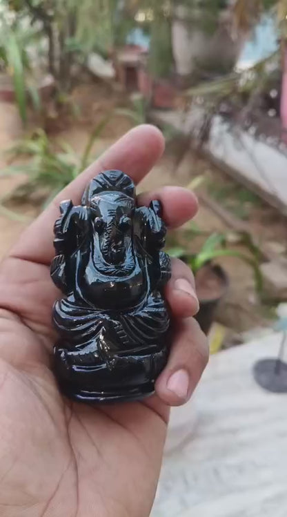 Handcarved Black Agate Ganesha Statue with Gifting Box