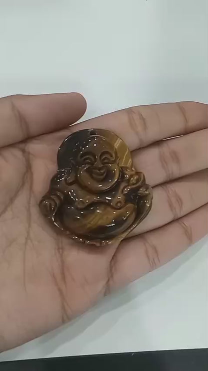 SahajHast Laughing Buddha Pendant – Natural Yellow Tiger Eye Stone | Hand-Carved Gemstone for DIY Jewelry & Spiritual Charm
