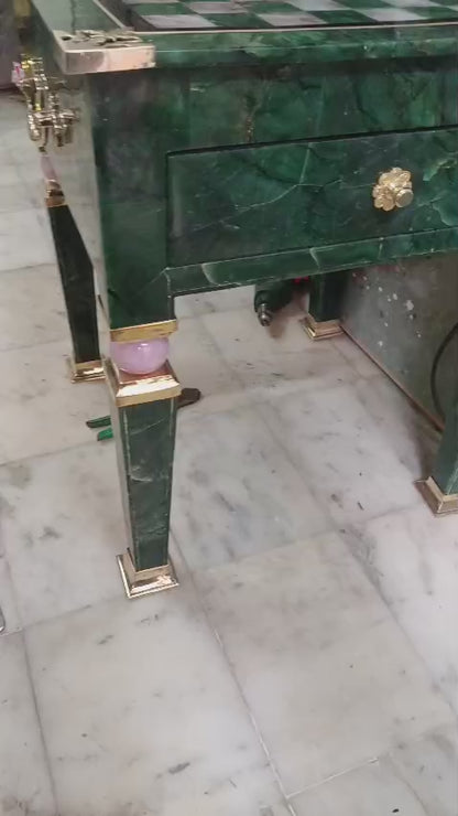 Luxury Green Aventurine & Rose Quartz Chess Table with Brass Accents – 20 Inch