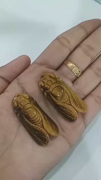 SahajHast 3D Carved Natural Yellow Tiger Eye Cicada Pendant- Lucky Charm Gift