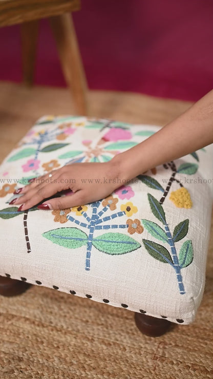 Handcrafted Floral Embroidered Stool – Export Quality Wooden Footrest with Artistic Design