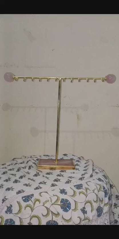 Gold-Plated Jewellery Stand with Natural Rose Quartz Base | Handcrafted Luxury Organizer
