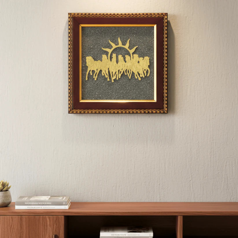 Pyrite 7 Horse Dust Frame – Wealth, Success & Positive Energy Wall Décor | Vastu & Feng Shui | Handmade Luxury Frame