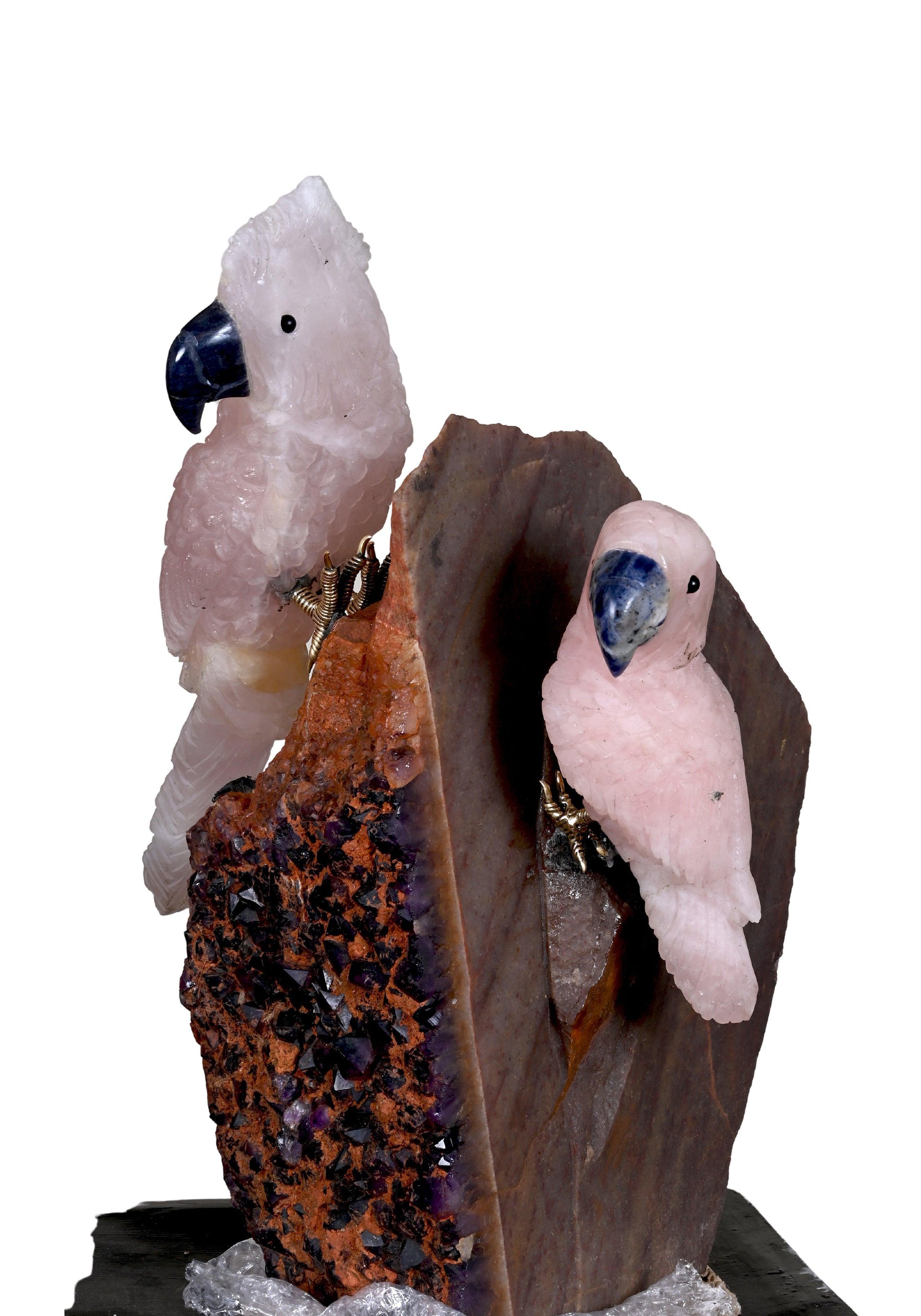 Gems Stone Rose Quartz and Amethyst Stone Parrots Family - ART AKASHA STUDIO
