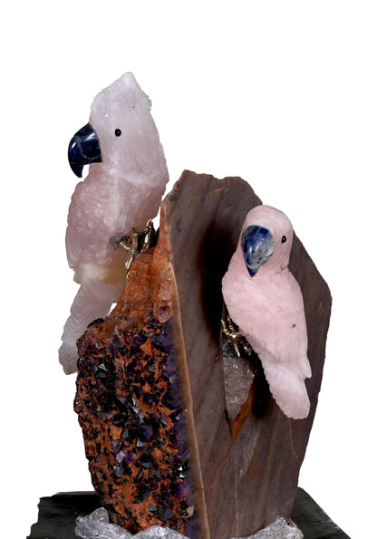 Gems Stone Rose Quartz and Amethyst Stone Parrots Family - ART AKASHA STUDIO