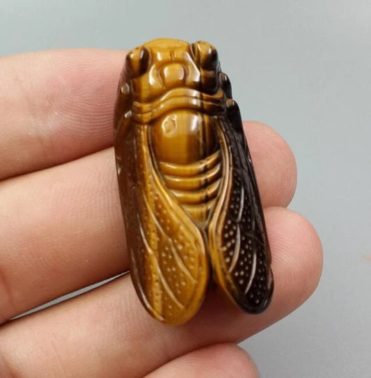 SahajHast 3D Carved Natural Yellow Tiger Eye Cicada Pendant- Lucky Charm Gift - ART AKASHA STUDIO